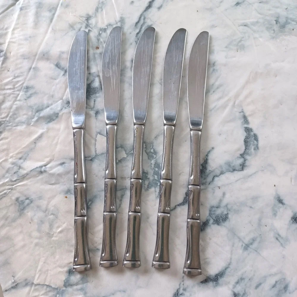 Vintage Faux Bamboo Stainless Steel Dinner Knives‎ Silver Set of 5 Serrated Edge